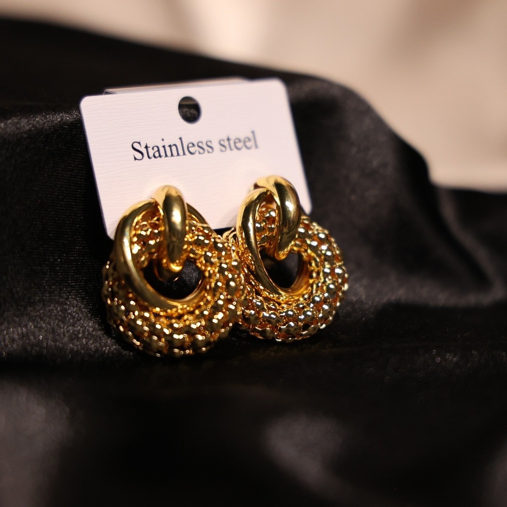 Gold Stainless Steel Textured Door Knocker Stud Earrings Intertwined Hoops JW008